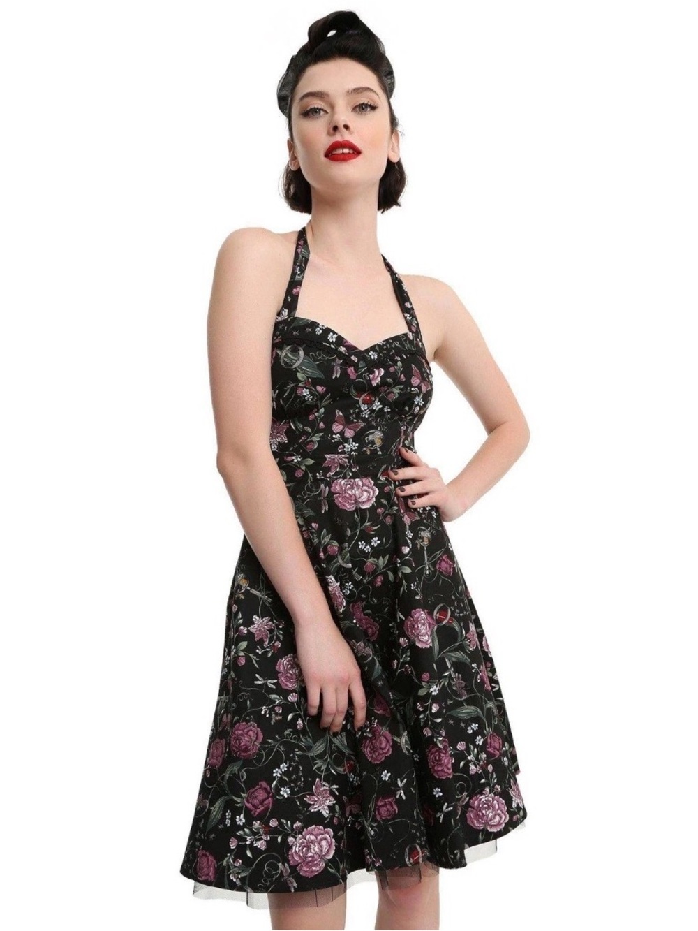Hot Topic Retro Halter Sundress XXL Black Flowers Insects Whimsigoth Rockabilly